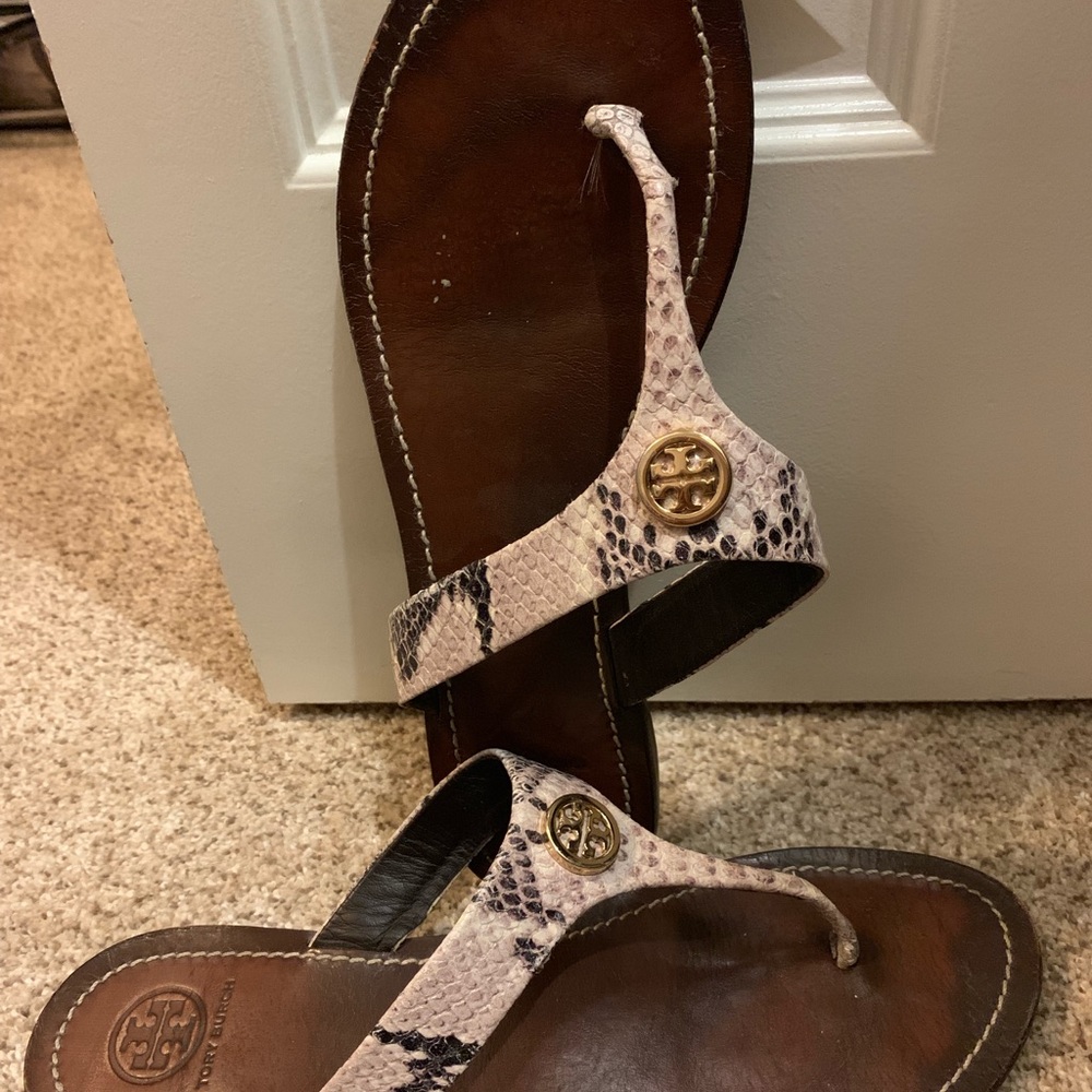 Tory Burch snake skin flip flops